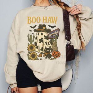 Boohaw Halloween Sweatshirt, Retro Halloween Sweatshirt, Unisex Crew Neck - Sand